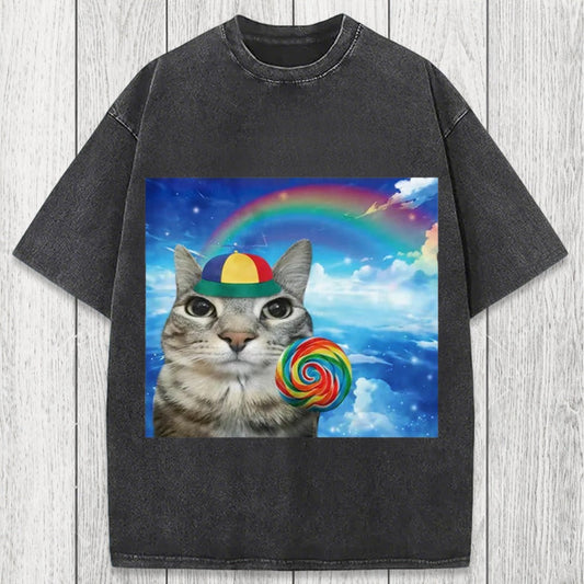 Tokyosol Wholesome Rainbow Cat Washed T-Shirt
