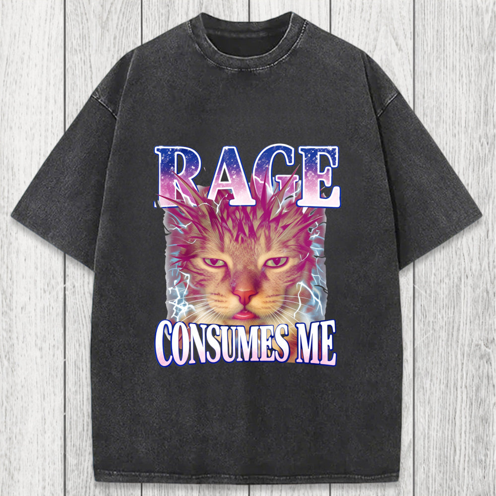 Tokyosol Rage Consumes Me Cat Funny Pet Meme Washed T-Shirt