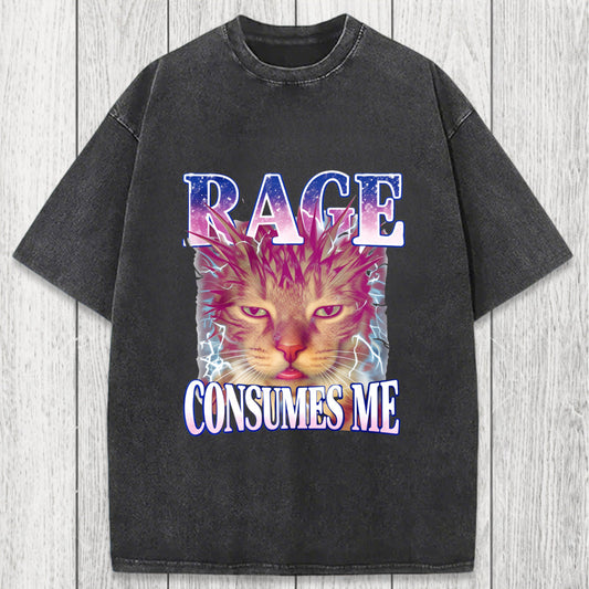 Tokyosol Rage Consumes Me Cat Funny Pet Meme Washed T-Shirt