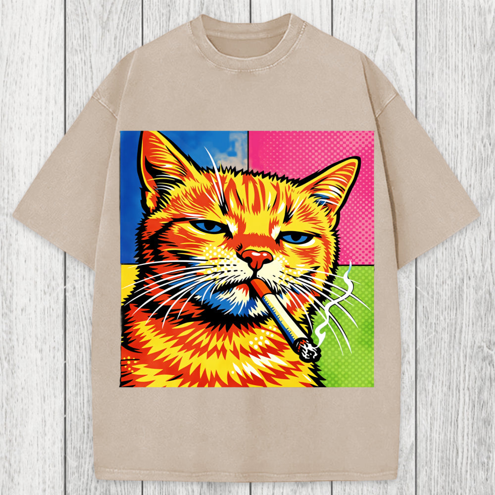Tokyosol Cat Smoking Cigarette Washed T-Shirt