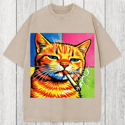 Tokyosol Cat Smoking Cigarette Washed T-Shirt