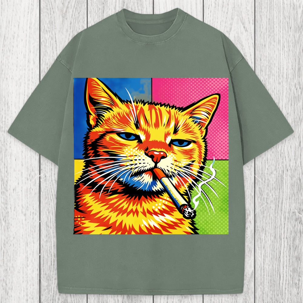 Tokyosol Cat Smoking Cigarette Washed T-Shirt
