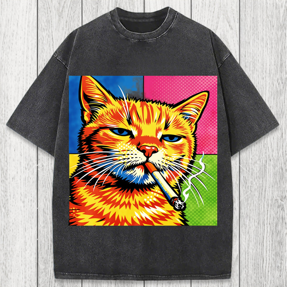 Tokyosol Cat Smoking Cigarette Washed T-Shirt