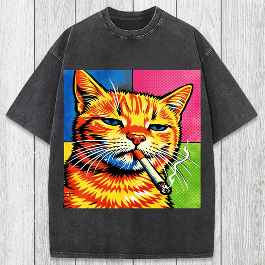 Tokyosol Cat Smoking Cigarette Washed T-Shirt