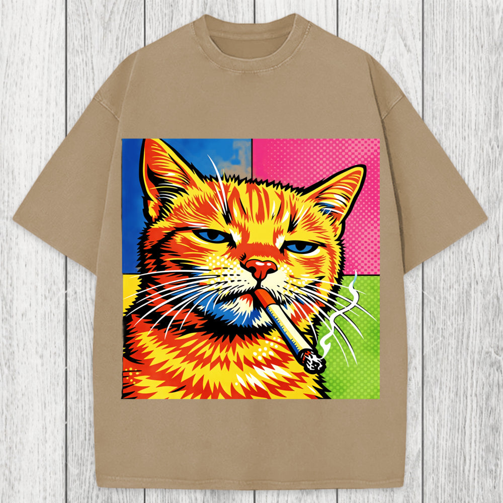 Tokyosol Cat Smoking Cigarette Washed T-Shirt