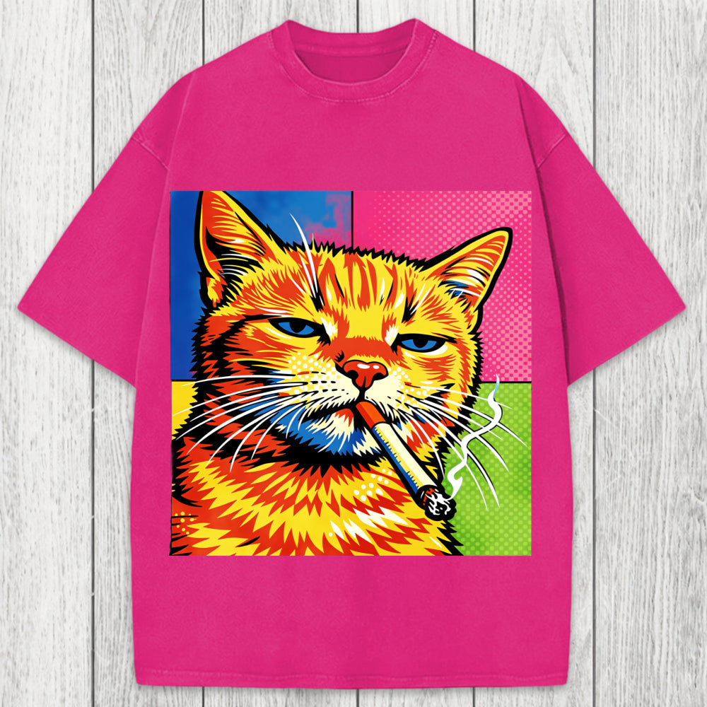 Tokyosol Cat Smoking Cigarette Washed T-Shirt