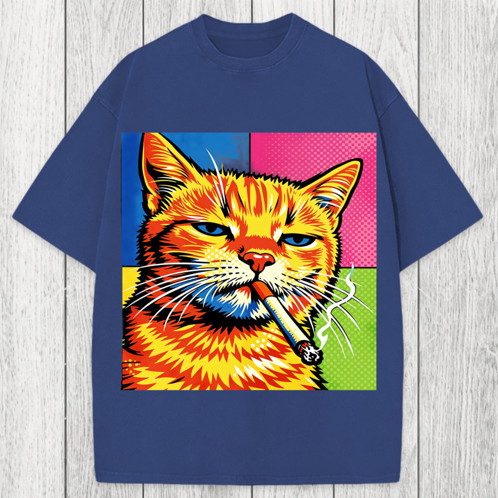 Tokyosol Cat Smoking Cigarette Washed T-Shirt