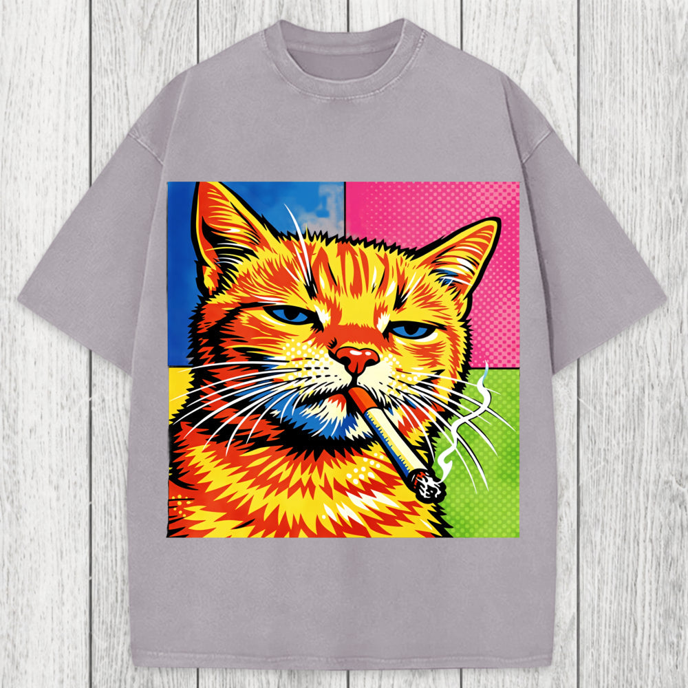 Tokyosol Cat Smoking Cigarette Washed T-Shirt