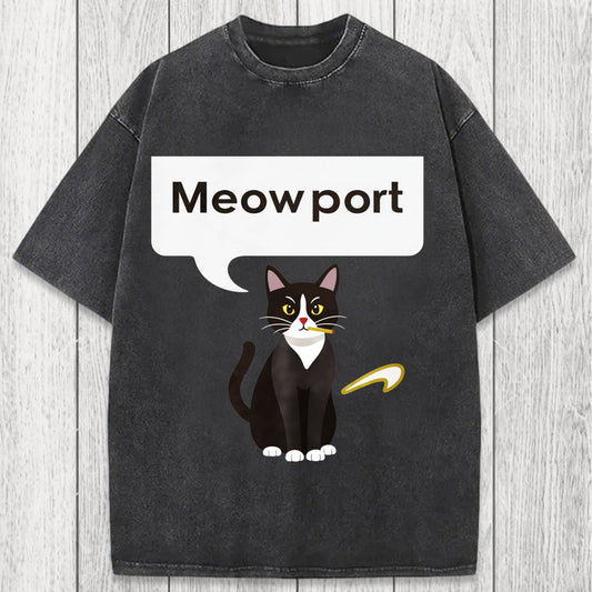Tokyosol Meowport Funny Cat Washed T-Shirt