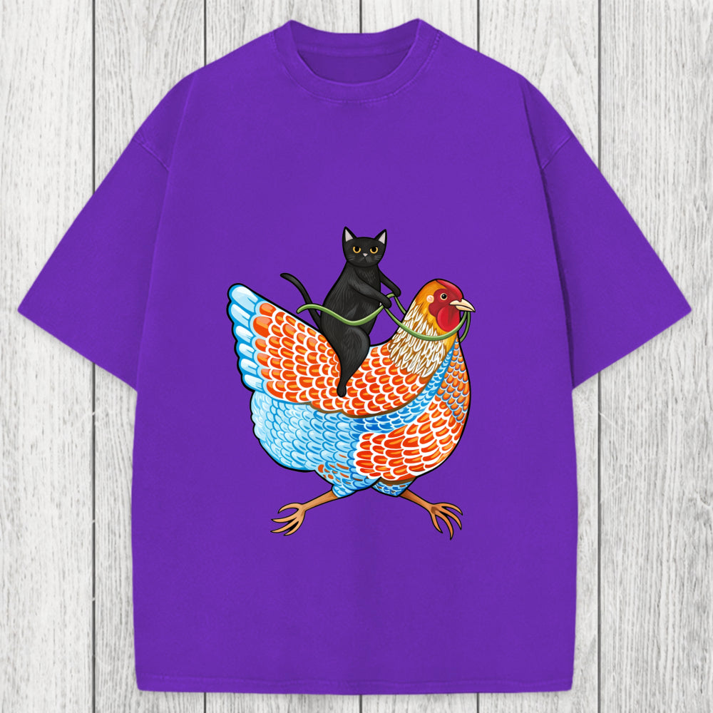 Tokyosol Black Cat On a Wyandotte Chicken Washed T-Shirt
