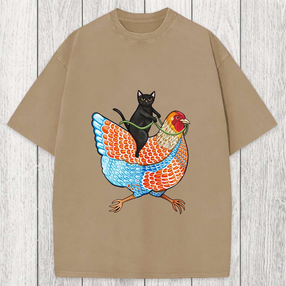 Tokyosol Black Cat On a Wyandotte Chicken Washed T-Shirt