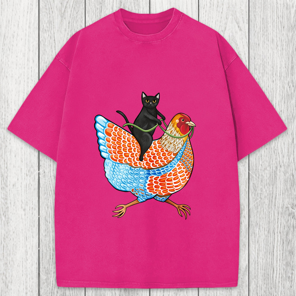 Tokyosol Black Cat On a Wyandotte Chicken Washed T-Shirt