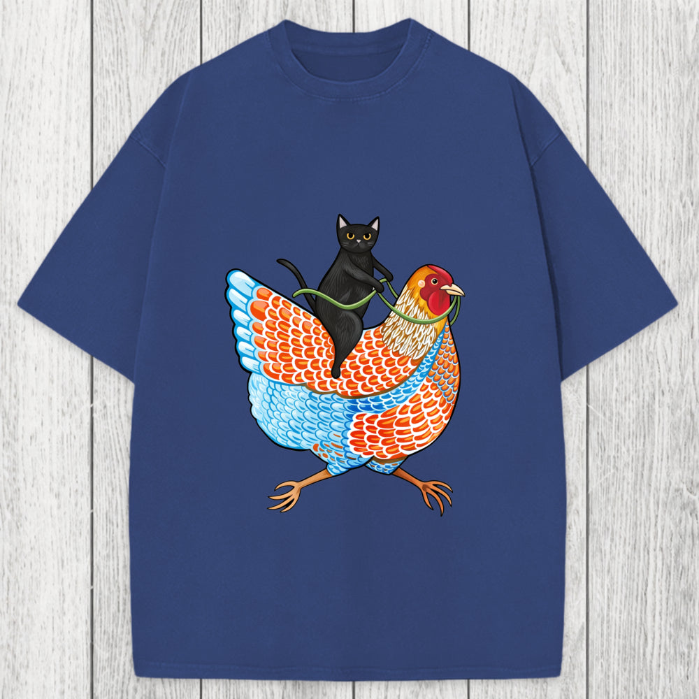 Tokyosol Black Cat On a Wyandotte Chicken Washed T-Shirt