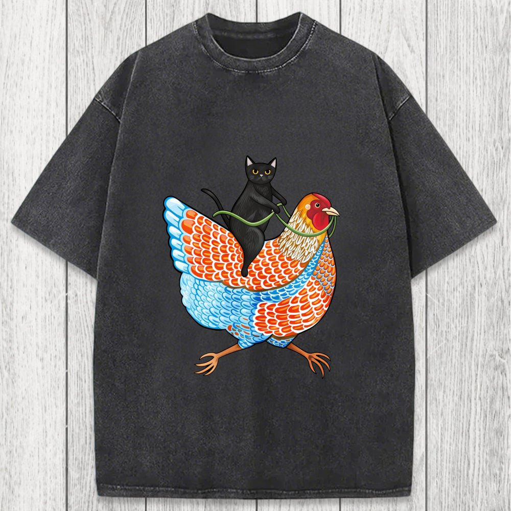 Tokyosol Black Cat On a Wyandotte Chicken Washed T-Shirt