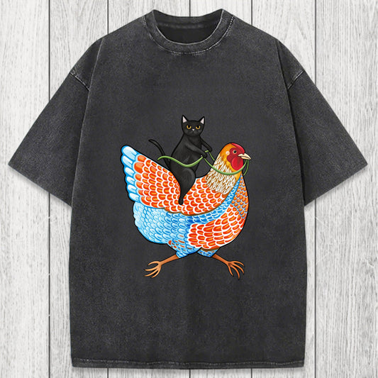 Tokyosol Black Cat On a Wyandotte Chicken Washed T-Shirt