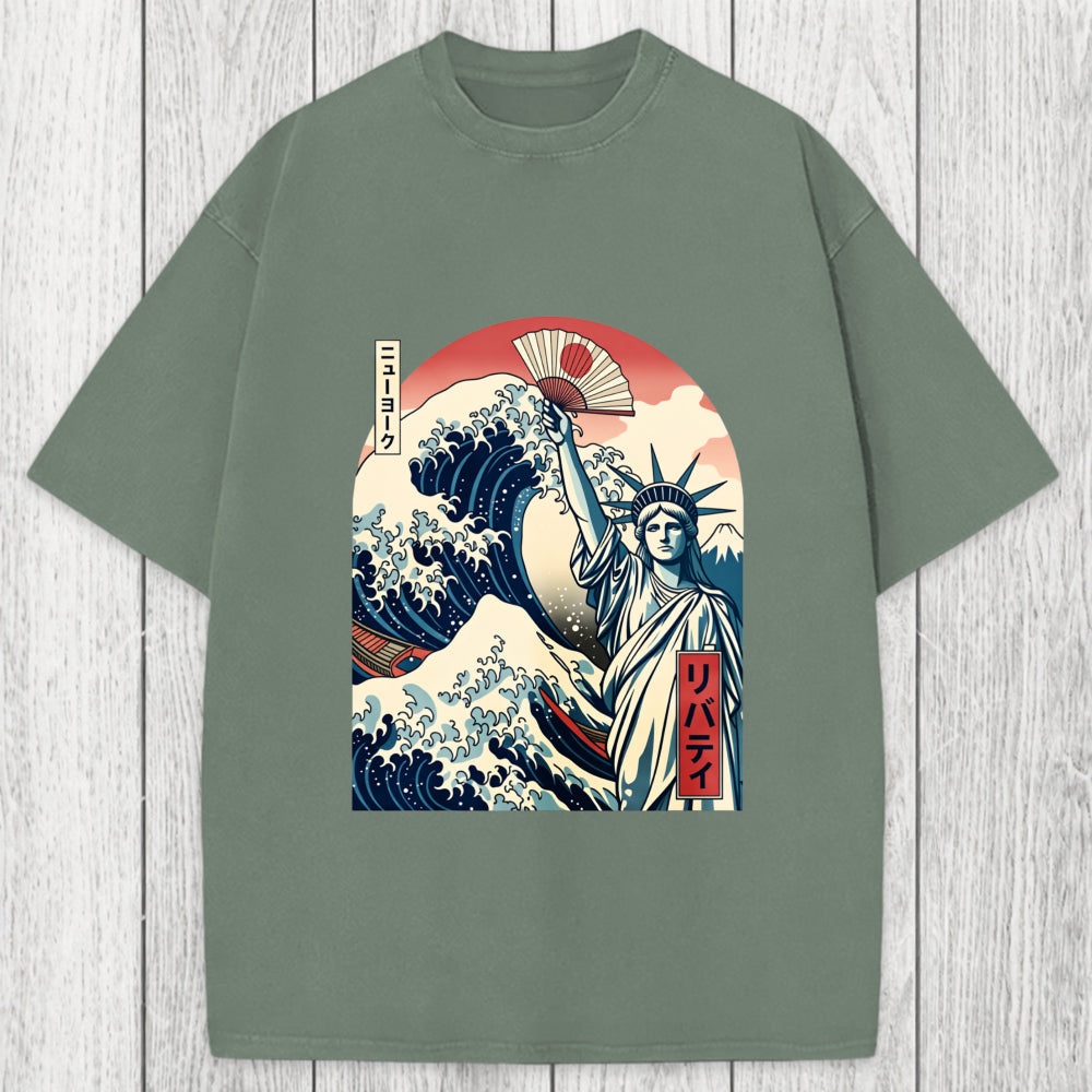 Tokyosol Ukiyo-e Statue Of Liberty Washed T-Shirt