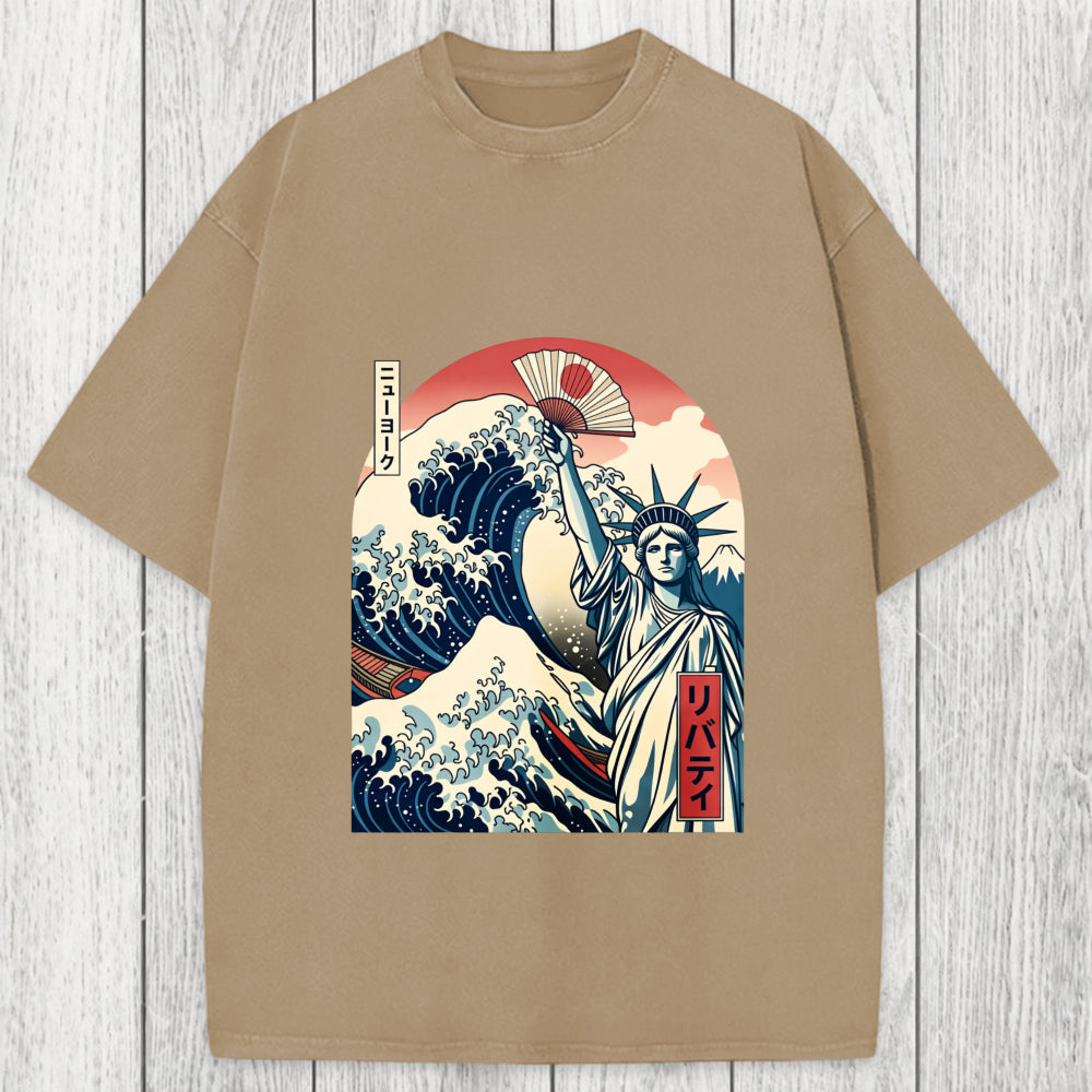 Tokyosol Ukiyo-e Statue Of Liberty Washed T-Shirt