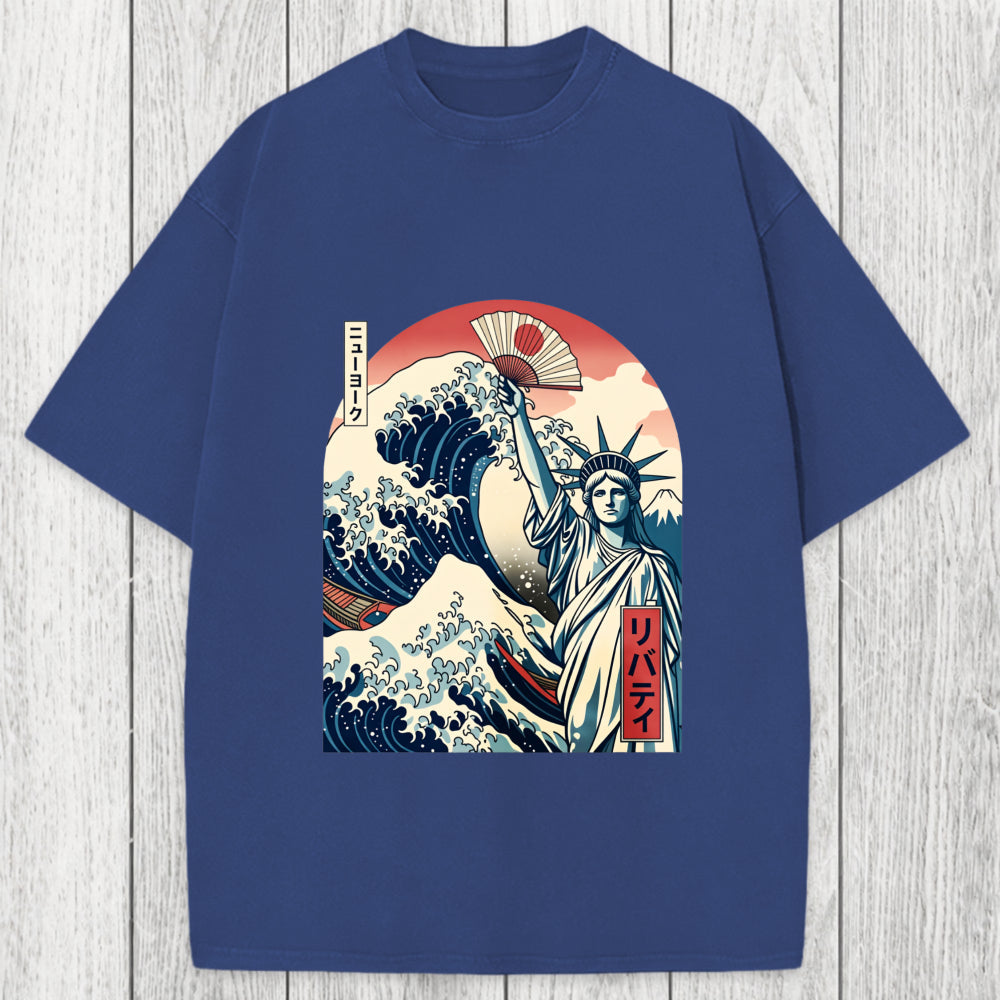 Tokyosol Ukiyo-e Statue Of Liberty Washed T-Shirt