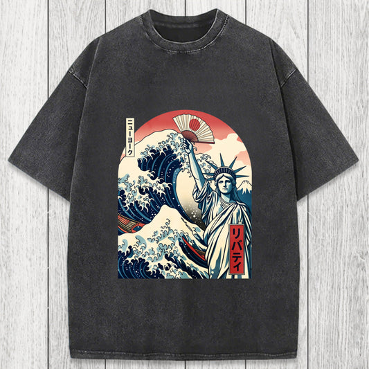 Tokyosol Ukiyo-e Statue Of Liberty Washed T-Shirt