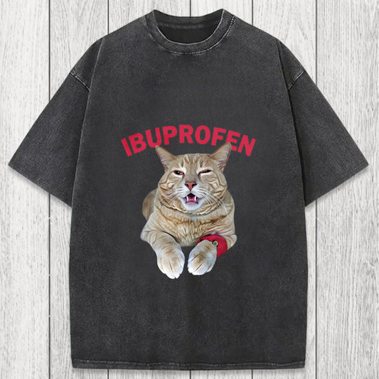 Tokyosol Hilarious Ibuprofen Cat Meme Washed T-Shirt