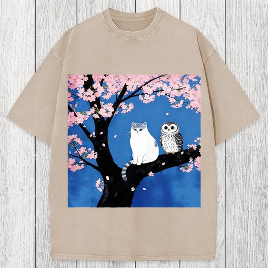 Tokyosol Cat And Owl Under Sakura Washed T-Shirt