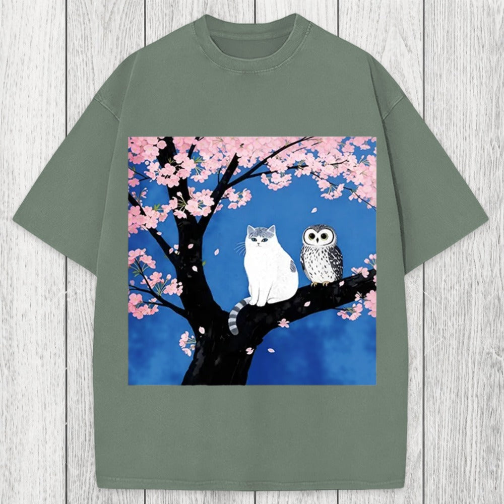 Tokyosol Cat And Owl Under Sakura Washed T-Shirt