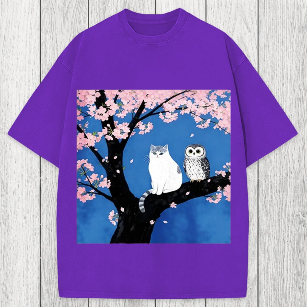 Tokyosol Cat And Owl Under Sakura Washed T-Shirt