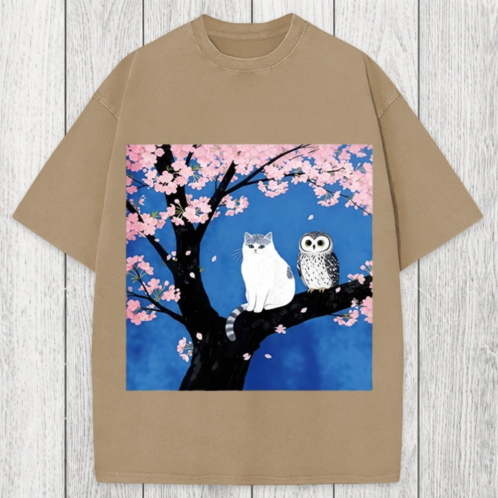 Tokyosol Cat And Owl Under Sakura Washed T-Shirt