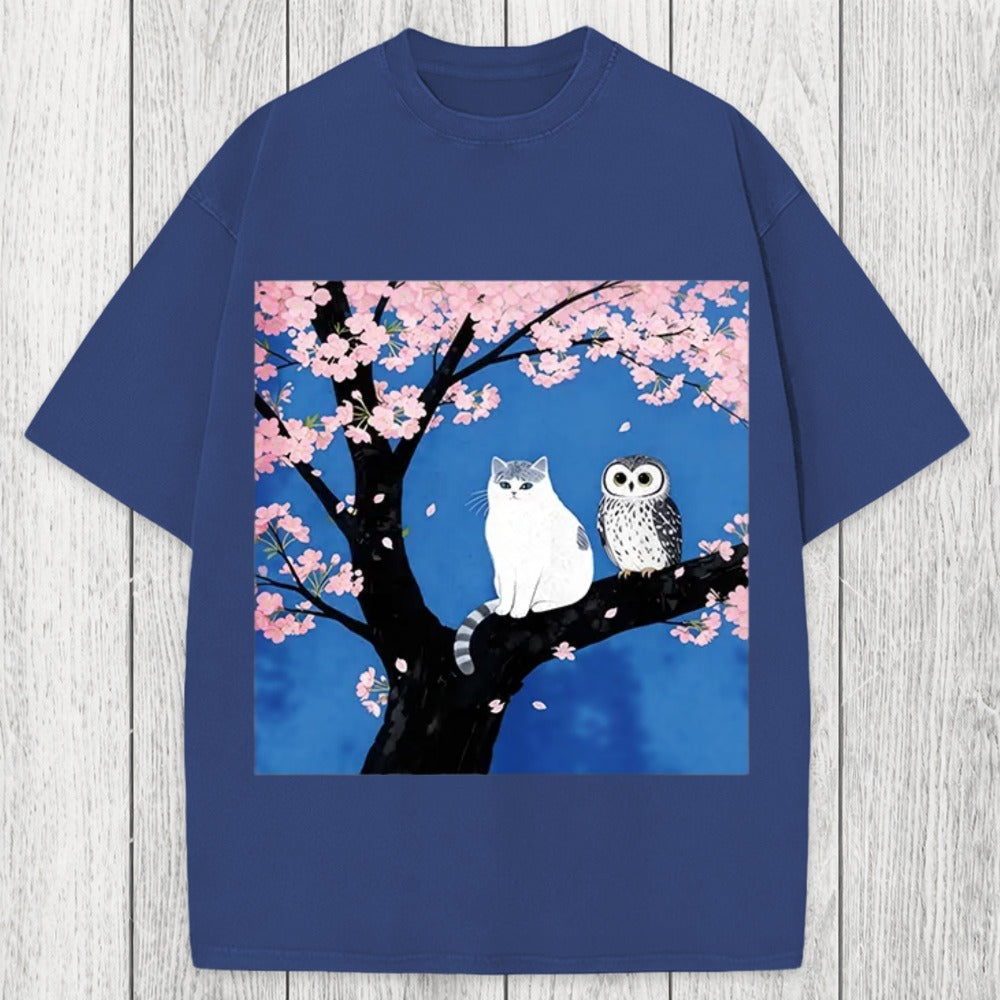 Tokyosol Cat And Owl Under Sakura Washed T-Shirt