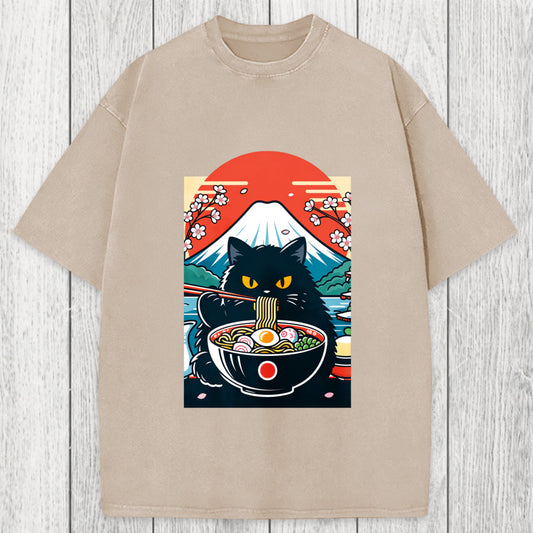 Tokyosol Black Cat Having Ramen Mount Fuji Washed T-Shirt