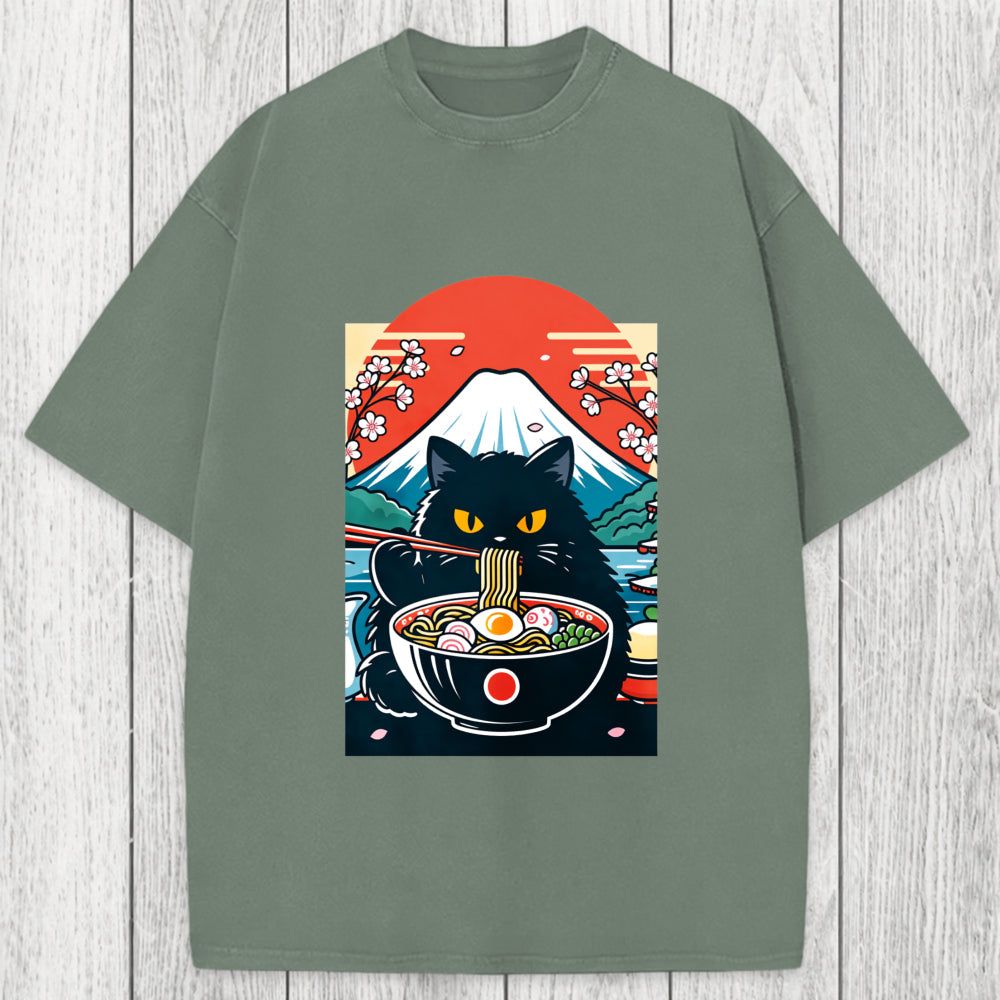 Tokyosol Black Cat Having Ramen Mount Fuji Washed T-Shirt