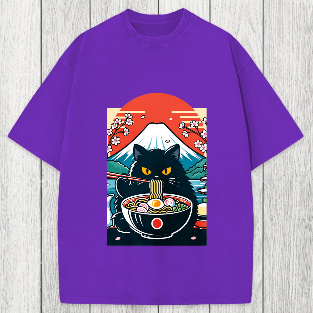 Tokyosol Black Cat Having Ramen Mount Fuji Washed T-Shirt