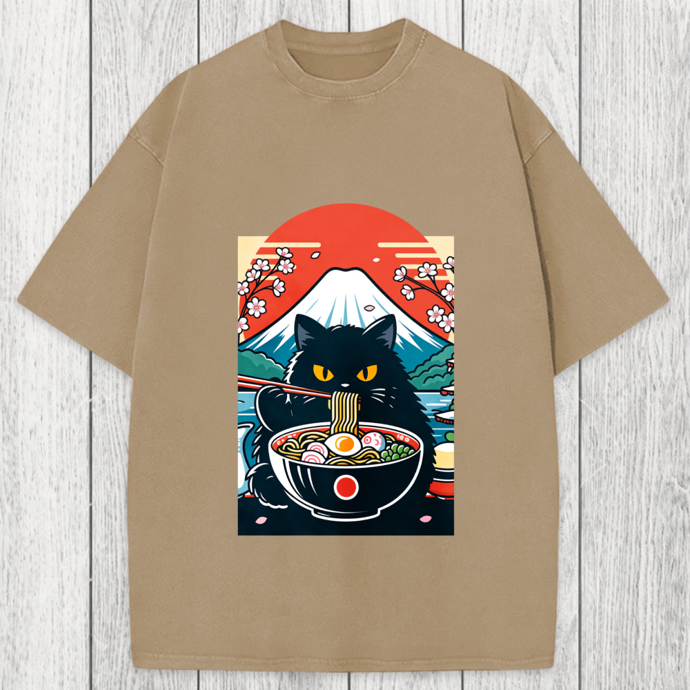 Tokyosol Black Cat Having Ramen Mount Fuji Washed T-Shirt