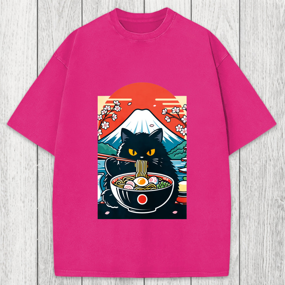 Tokyosol Black Cat Having Ramen Mount Fuji Washed T-Shirt