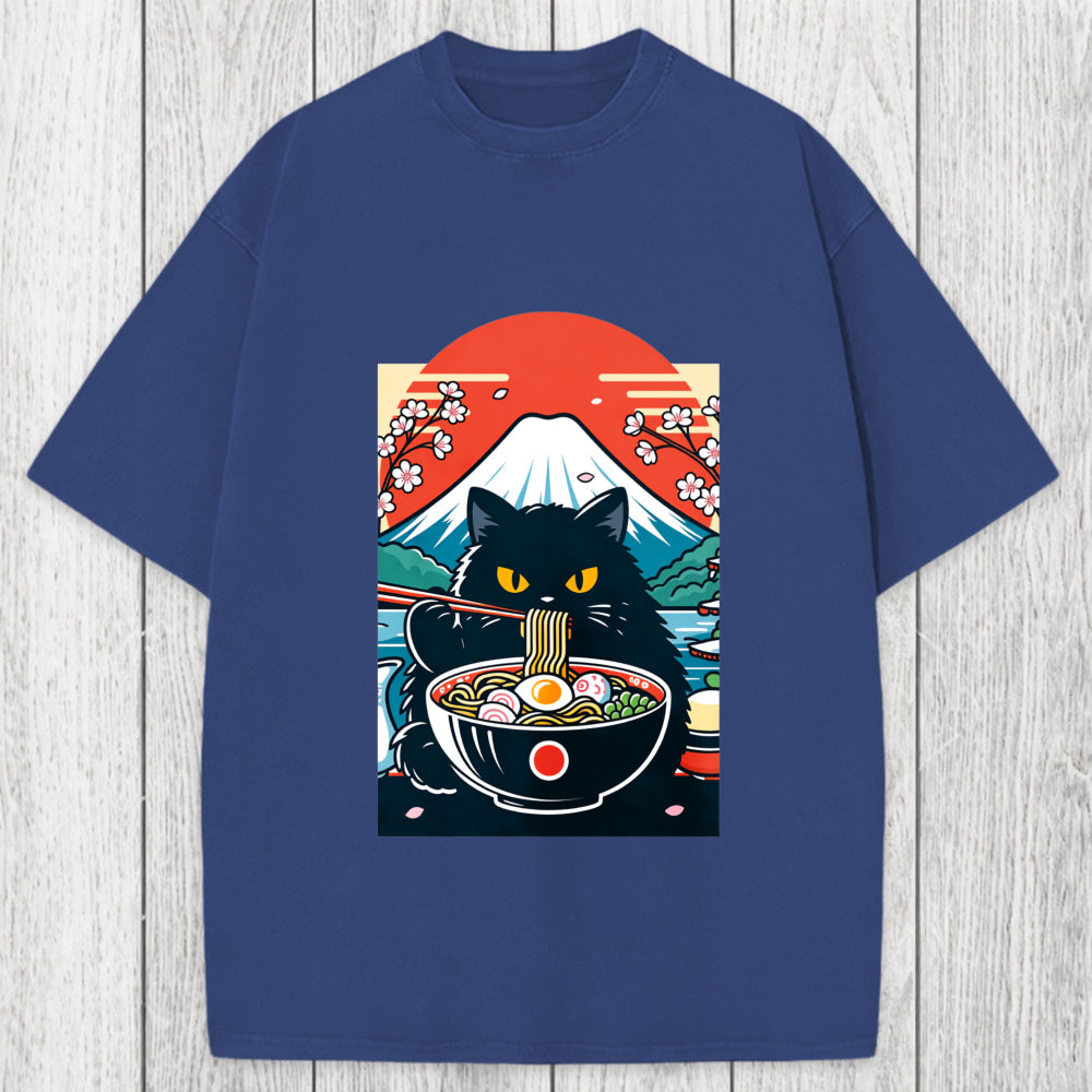 Tokyosol Black Cat Having Ramen Mount Fuji Washed T-Shirt