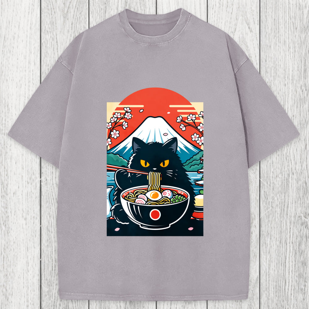 Tokyosol Black Cat Having Ramen Mount Fuji Washed T-Shirt