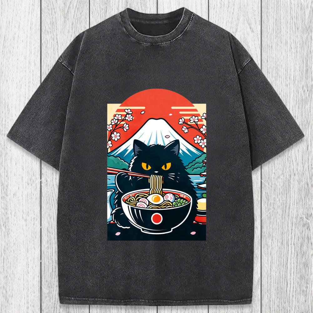 Tokyosol Black Cat Having Ramen Mount Fuji Washed T-Shirt