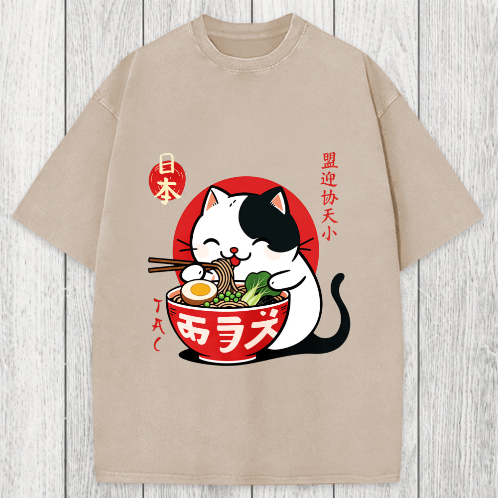 Tokyosol Japanese Ramen Cat Washed T-Shirt