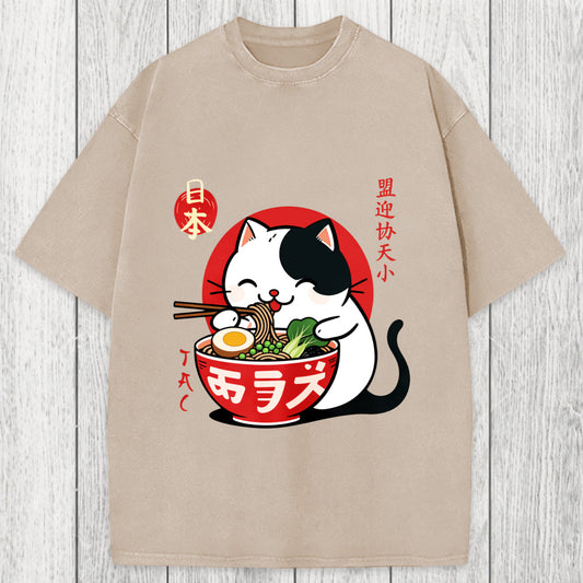 Tokyosol Japanese Ramen Cat Washed T-Shirt