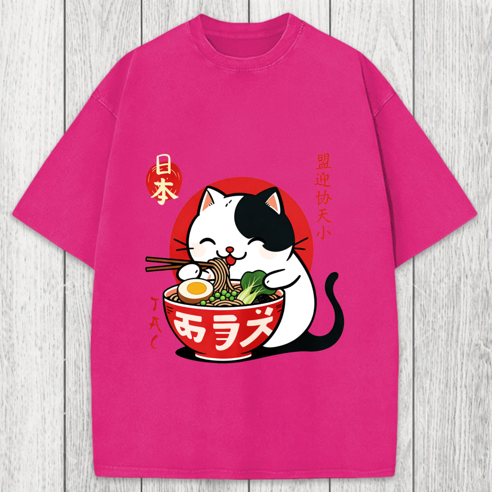 Tokyosol Japanese Ramen Cat Washed T-Shirt