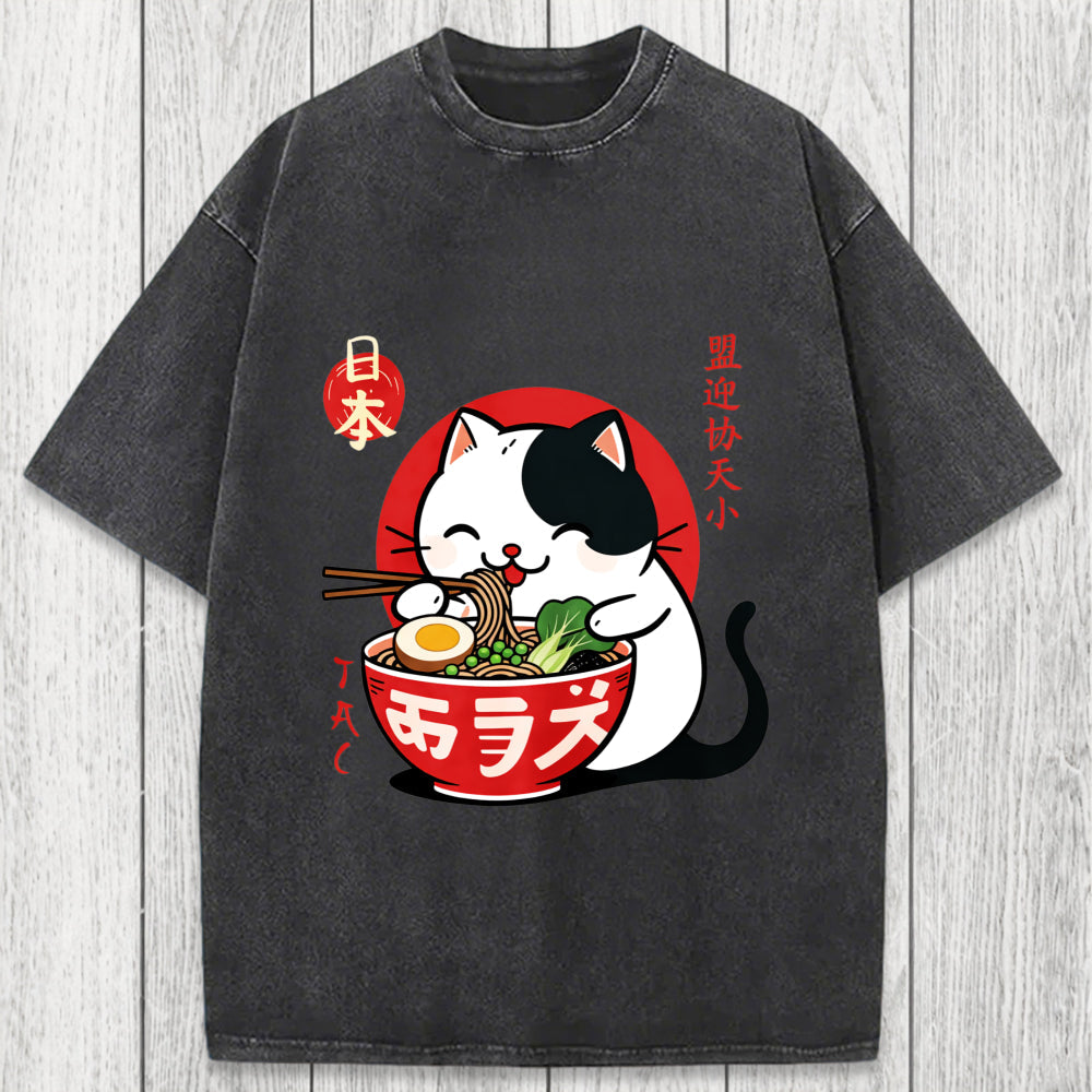Tokyosol Japanese Ramen Cat Washed T-Shirt