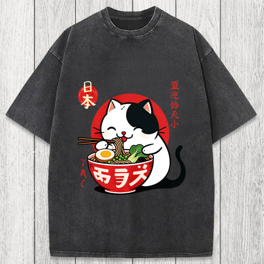 Tokyosol Japanese Ramen Cat Washed T-Shirt