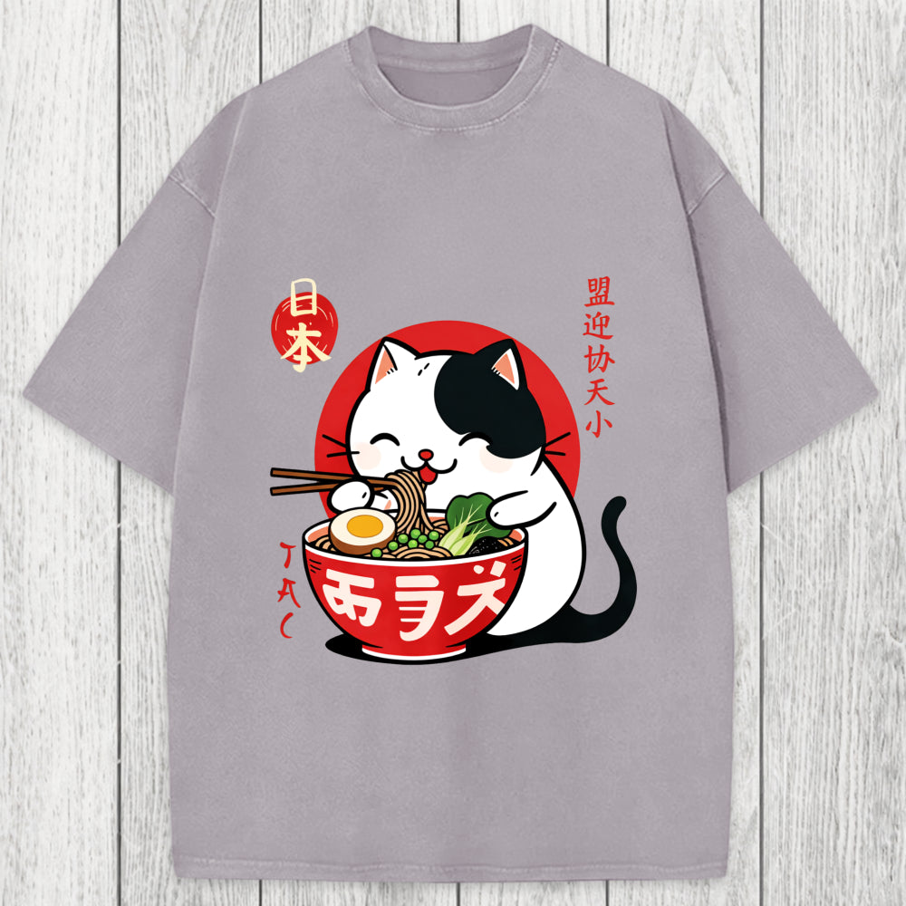 Tokyosol Japanese Ramen Cat Washed T-Shirt