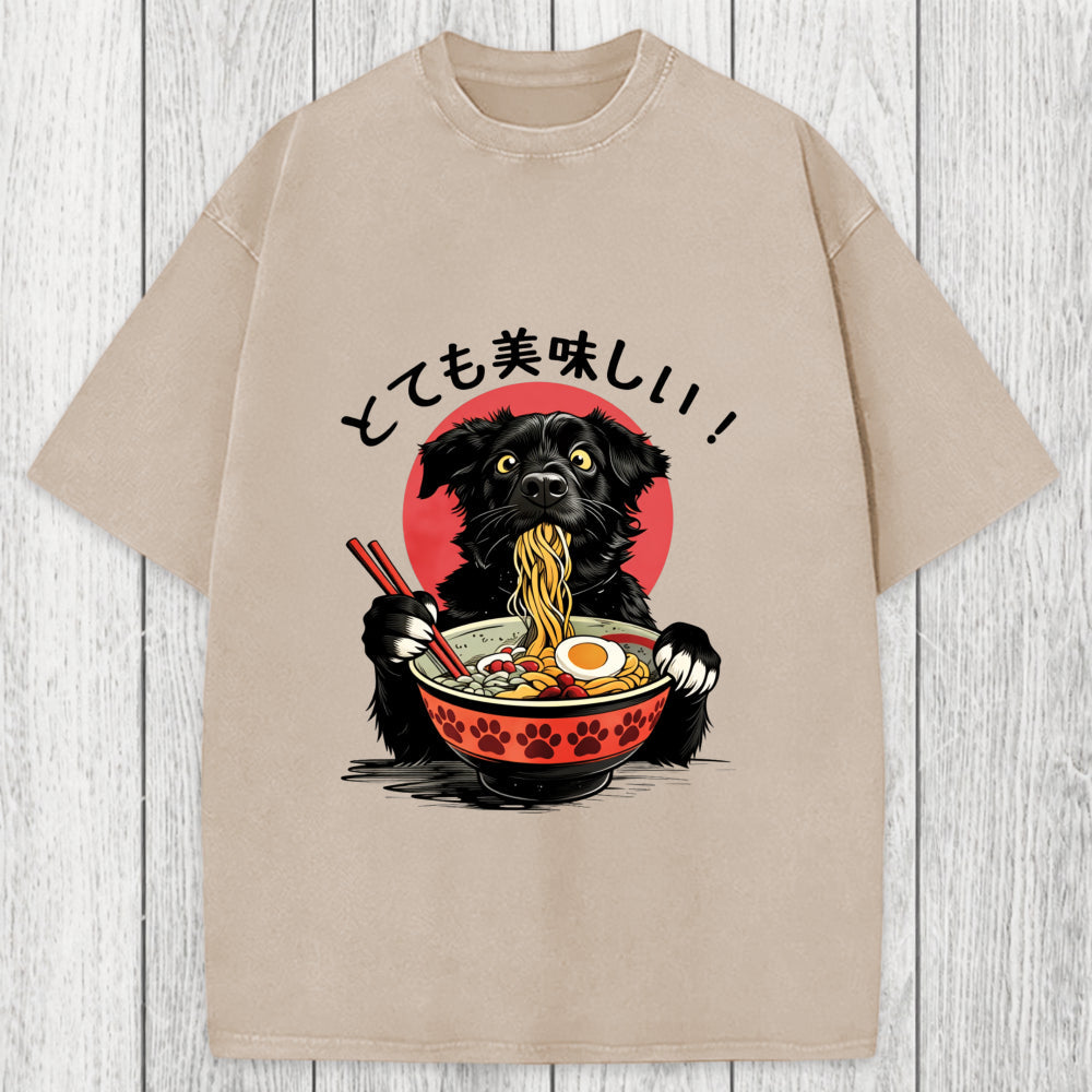 Tokyosol Dog Eating Ramen Joyfully Washed T-Shirt