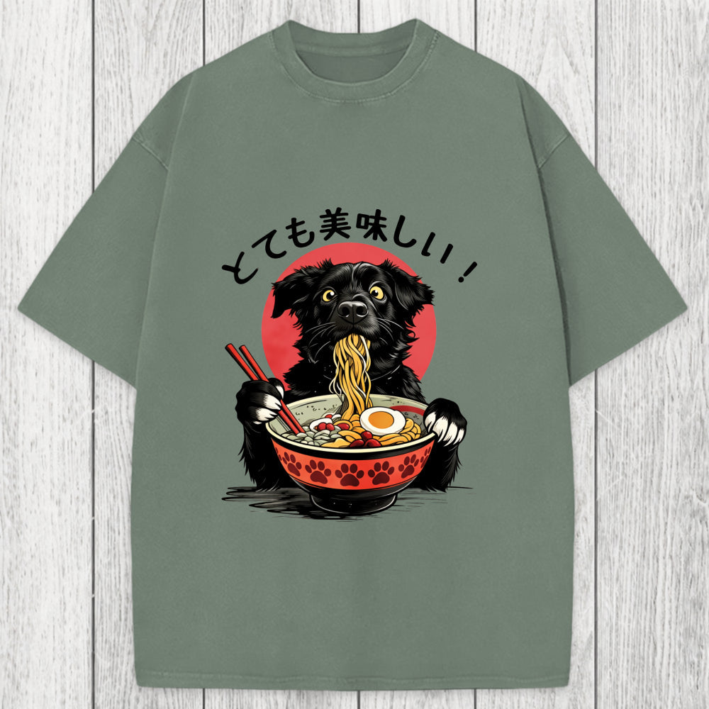 Tokyosol Dog Eating Ramen Joyfully Washed T-Shirt