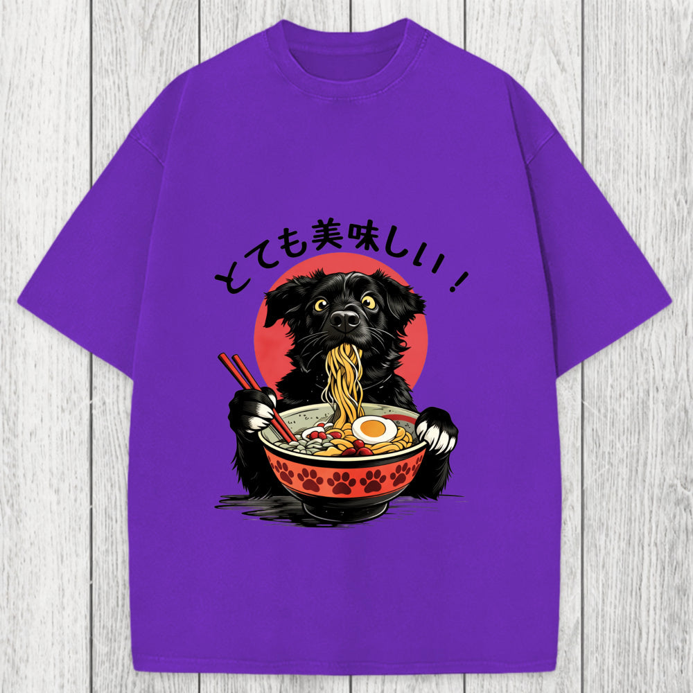 Tokyosol Dog Eating Ramen Joyfully Washed T-Shirt