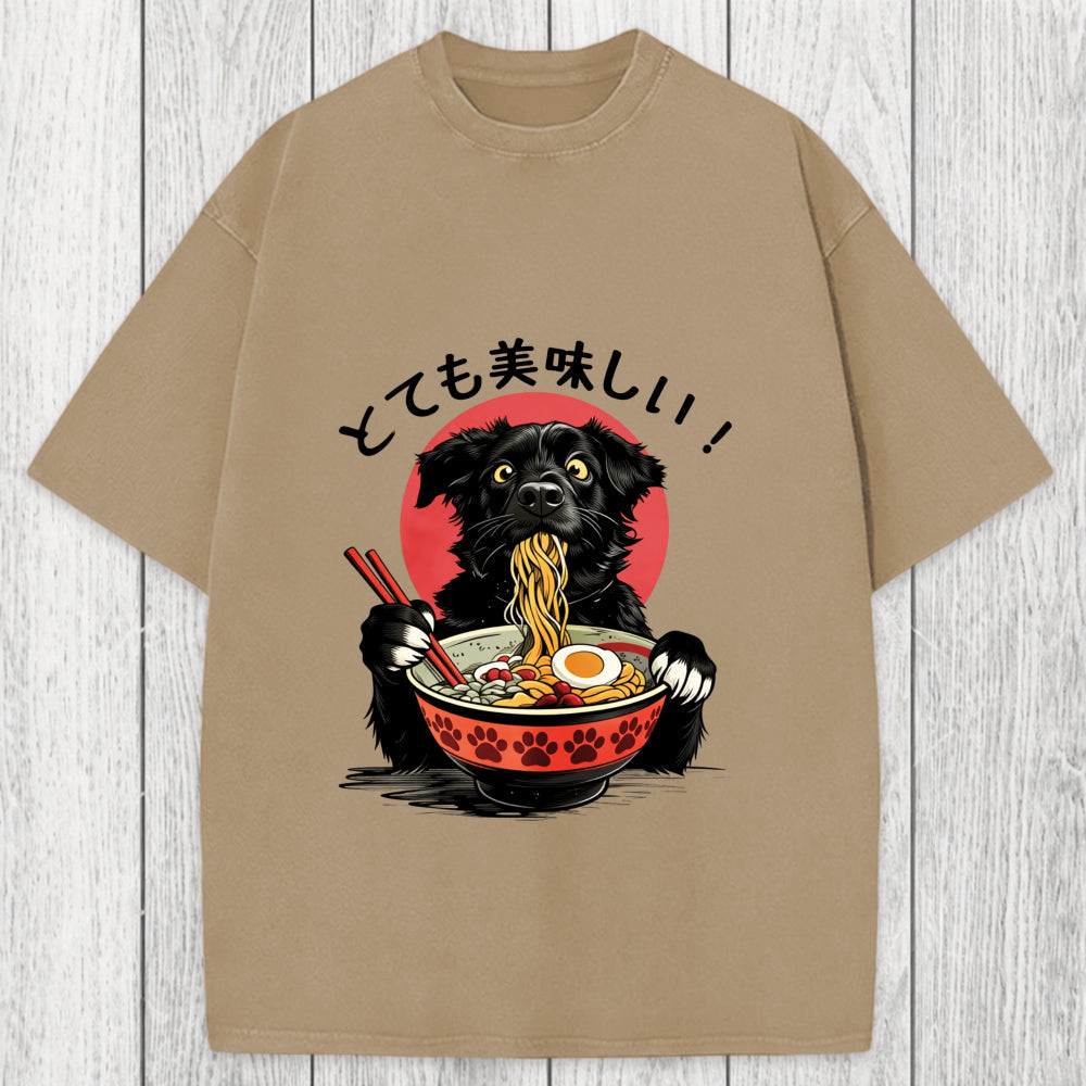 Tokyosol Dog Eating Ramen Joyfully Washed T-Shirt