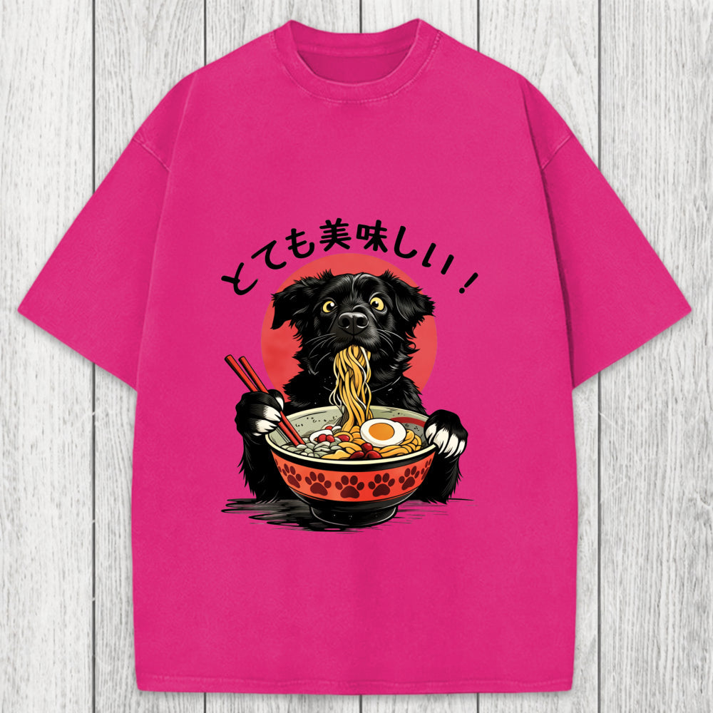 Tokyosol Dog Eating Ramen Joyfully Washed T-Shirt
