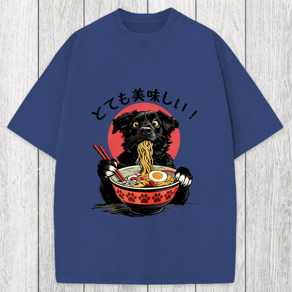 Tokyosol Dog Eating Ramen Joyfully Washed T-Shirt