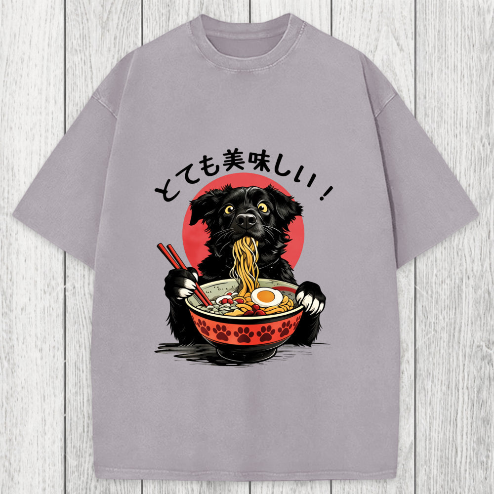 Tokyosol Dog Eating Ramen Joyfully Washed T-Shirt
